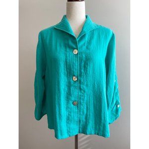Fridaze 100% Linen Button Up Blouse Womens L Teal Mother of Pearl Buttons